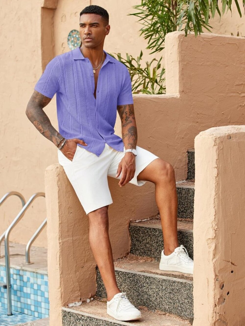 Men’s Light Purple Knit Button-Down Polo Summer Beach Casual Top Shirt - Picture 2 of 5